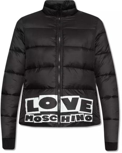 Love Moschino Chic Short Nylon Down Jacket With Logo Print - Black