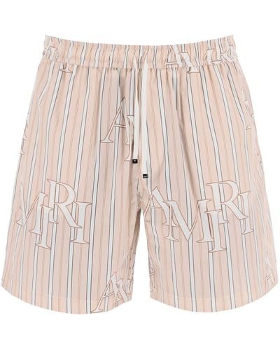 Amiri Stripe Technical Poplin Bermuda Shorts With Logo - Pink
