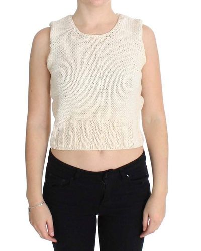 Pink Memories Cotton Blend Knitted Sleeveless Sweater - White