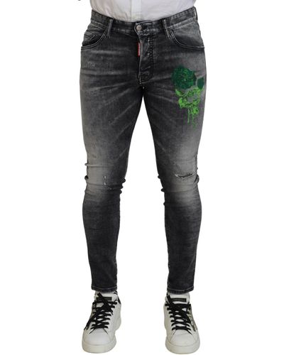 DSquared² Grey Washed Green Print Skinny Casual Denim Jeans - Black