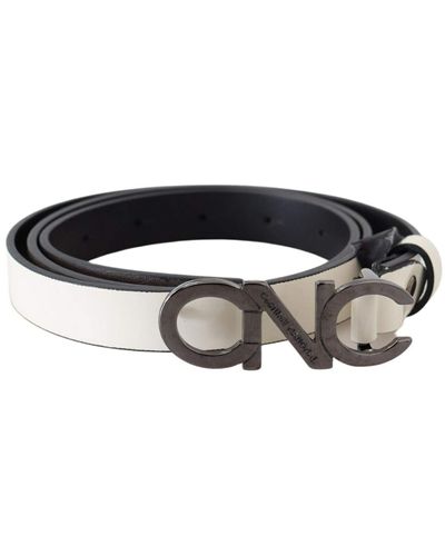 CoSTUME NATIONAL Belt Mettalic Gray Leather Logo Belt - Black