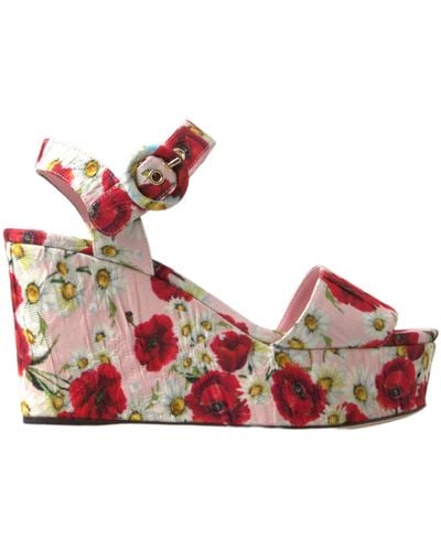 Dolce & Gabbana Multicolour Floral Print Wedges Floral Ankle Strap Sandals - Red