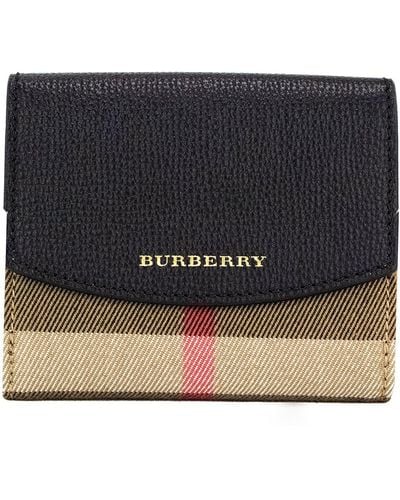 Burberry Luna Grained Leather House Check Canvas Coin Pouch Snap Wallet - Black