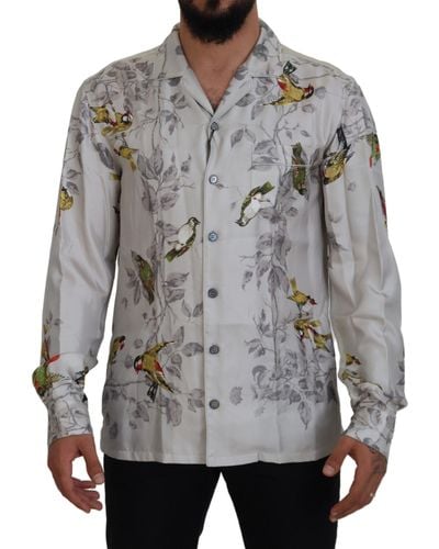 Dolce & Gabbana Bird Print Silk Satin Casual Shirt - Gray