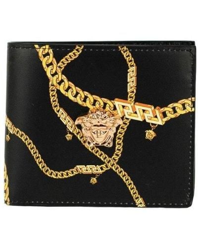 Versace Smooth Leather Medusa Head Chain Logo Bifold Organizer Wallet - Black
