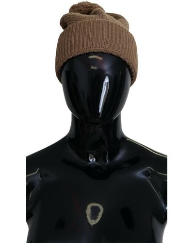 Dolce & Gabbana Elegant Camel Knit Beanie With Fur Accent - Black