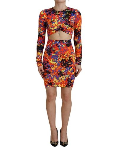 DSquared² Multicolour Batik Open Belly Long Sleeves Dress - Red