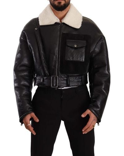 Dolce & Gabbana Leather Shearling Biker Jacket Lamb Leather - Black