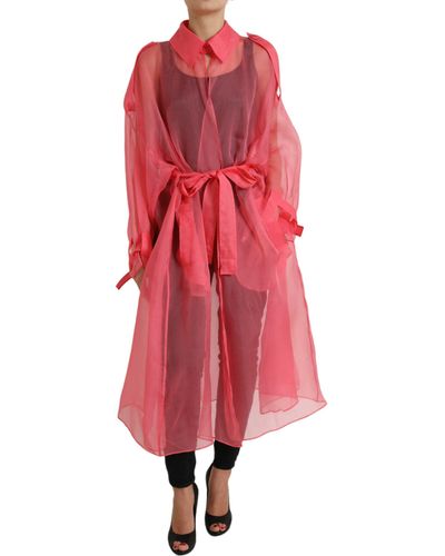 Dolce & Gabbana Pink Silk See Through Belted Long Coat Jacket - Red