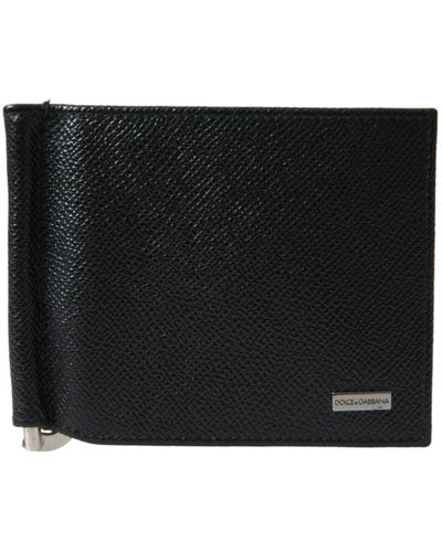 Dolce & Gabbana Calf Leather Bifold Logo Plaque Card Holder Wallet - Black