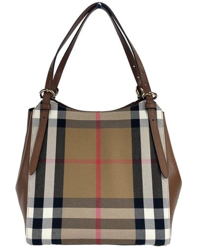 Burberry Small Canterby Tan Leather Check Canvas Tote Bag Purse - Black