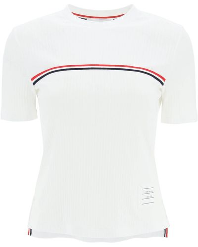 Thom Browne Cotton Rib T-shirt With Stripe Detail - White