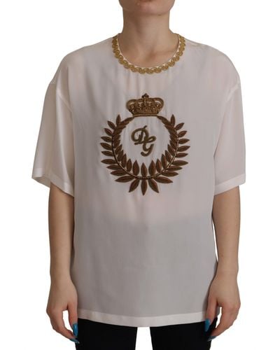Dolce & Gabbana White Silk Gold Dg Crown Crystal Blouse Top - Gray