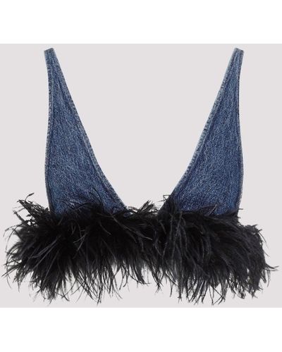 Miu Miu Blue And Black Cotton Top With Feathers