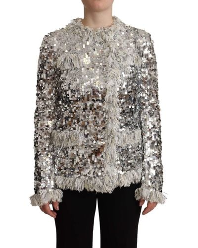 Dolce & Gabbana Silver Sequined Shearling Long Sleeves Jacket - Gray