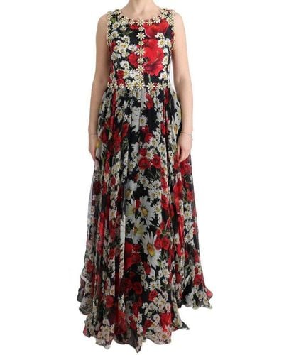 Dolce & Gabbana Dolce Gabbana Multicolor Silk Floral Crystal Long Maxi Dress