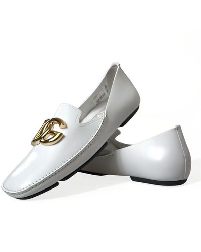 Dolce & Gabbana White Leather Dg Logo Men Loafer Dress Shoes - Metallic