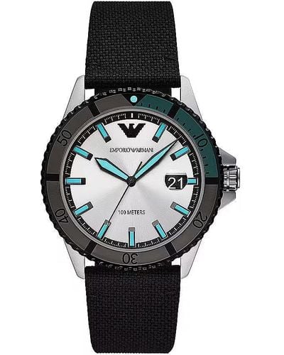 Emporio Armani Silver Fabric And Steel Quartz Watch - Black
