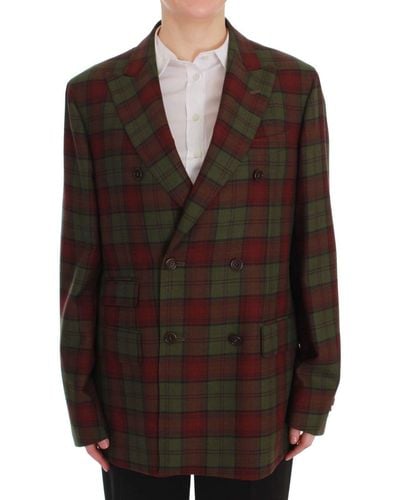 Bencivenga Elegant Chequered Double-Breasted Wool Blazer - Brown