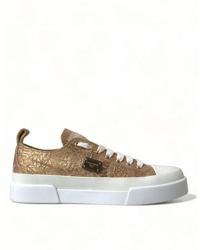 Dolce & Gabbana Gold White Brocade Low Top Trainers Shoes - Brown