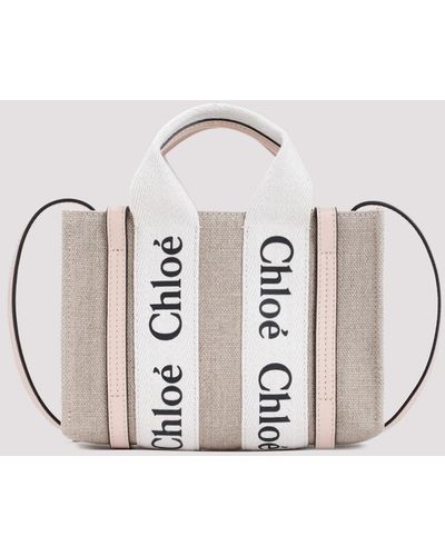 Chloé White Brown Linen Woody Bag - Metallic