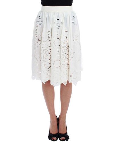 Dolce & Gabbana Silk Floral Ricamo Knee Skirt - White