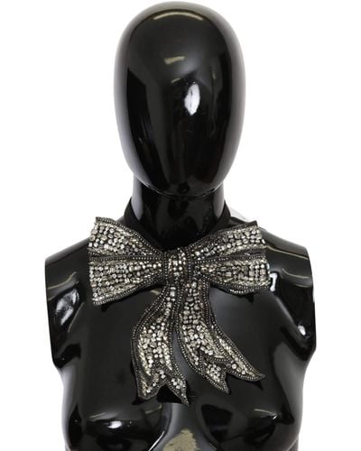 Dolce & Gabbana Silver Crystal Beaded Sequined Silk Catwalk Necklace Bowtie - Black