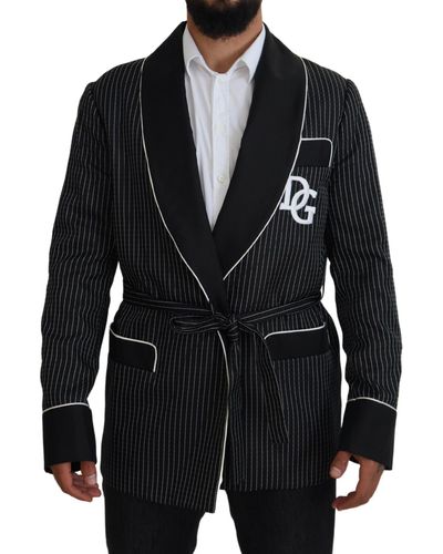 Dolce & Gabbana Striped Wrap Jacket With Dg Patch - Black