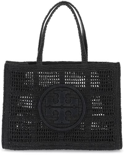 Tory Burch Ella Crochet Raffia Tote Bag In - Black