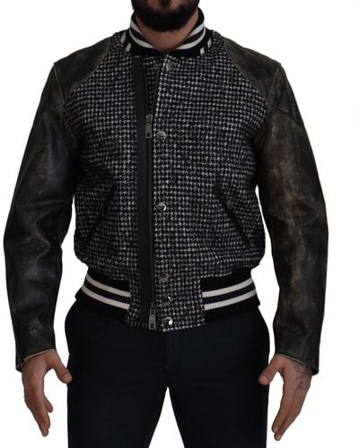 Dolce & Gabbana Houndstooth Leather Bomber Jacket - Black