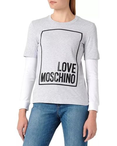 Love Moschino Chic Gray Melange Long-sleeved Cotton Tee With Eco-leather Logo