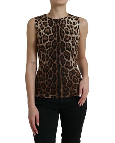 Dolce & Gabbana Brown Leopard Cotton Sleeveless Tank Top - Black