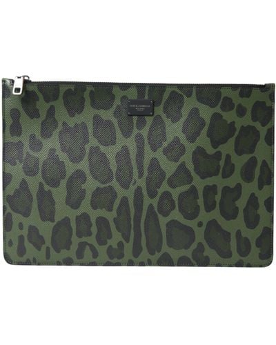 Dolce & Gabbana Logo Patch Leopard Leather Clutch Bag - Green