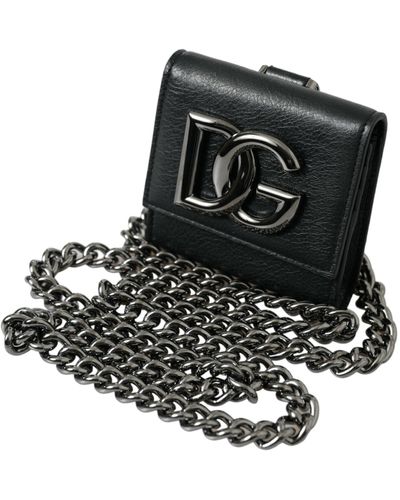 Dolce & Gabbana Sleek Lamb Leather Card Holder With Chain Strap - Black