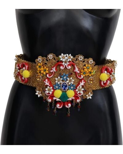 Dolce & Gabbana Dolce Gabbana Embellished Floral Crystal Wide Waist Carretto Belt - Black