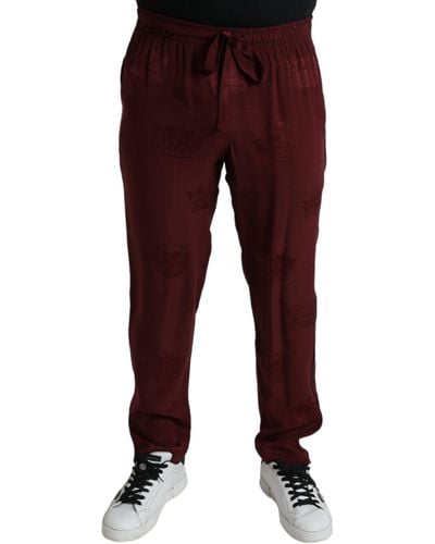Dolce & Gabbana Maroon Crown Pattern Silk Pajama Pants - Red
