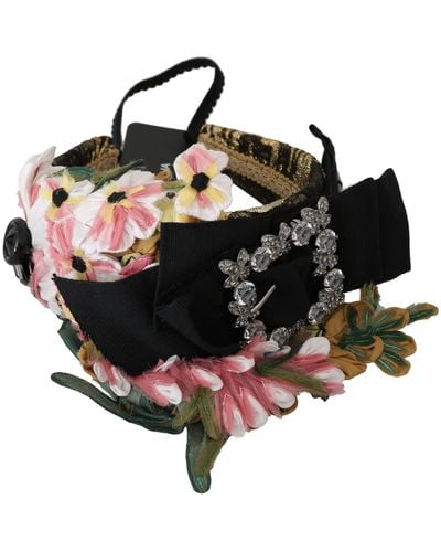 Dolce & Gabbana Multicolor Tiara Floral Crystal Bow Diadem Headband - Black