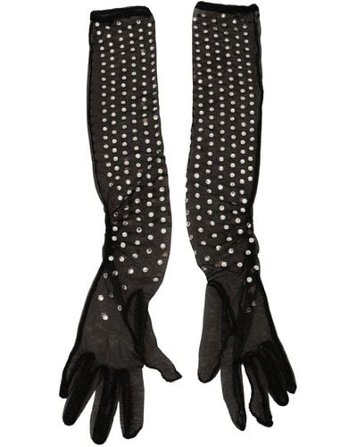 Dolce & Gabbana Crystal Elbow Length Cotton Tulle Gloves - Black
