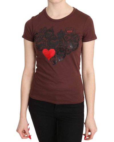 Exte Hearts Printed Round Neck T-shirt Top Brown Tsh3419 - Red