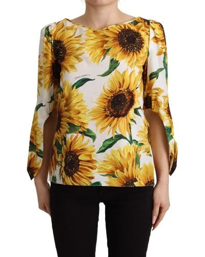 Dolce & Gabbana Sunflower Print Cotton Elbow Sleeve Blouse - Metallic
