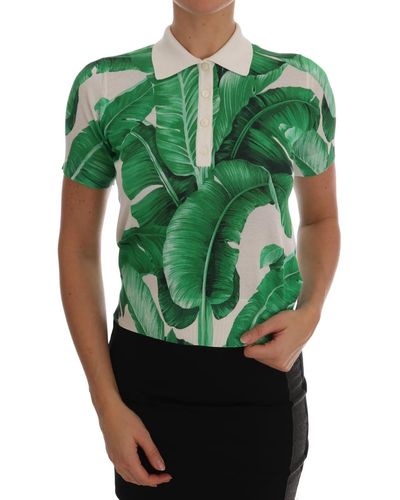 Dolce & Gabbana Banana Print Silk Polo T-Shirt - Green