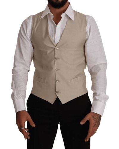 Dolce & Gabbana Beige Cotton Silk Slim Fit Waistcoat Vest - Grey