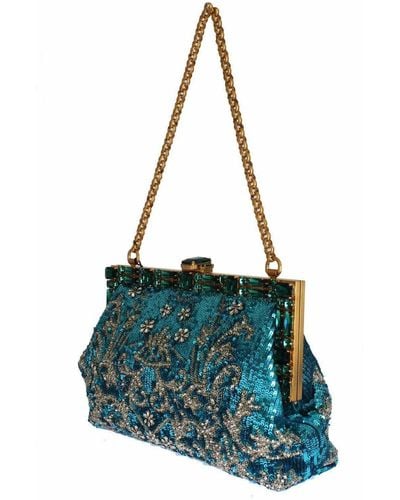 Dolce & Gabbana Clear Crystal Gold Evening Clutch Purse - Blue