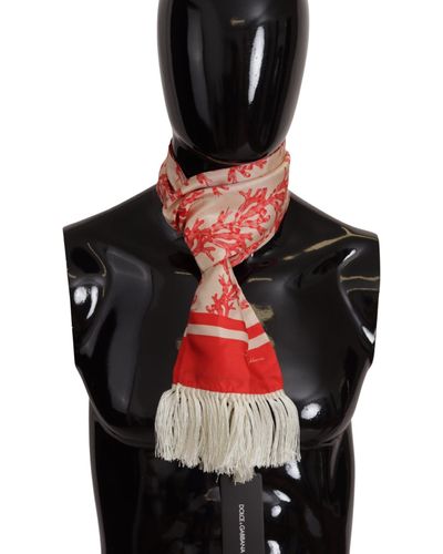 Dolce & Gabbana White Red Coral Print Shawl Wrap Fringe Scarf - Black