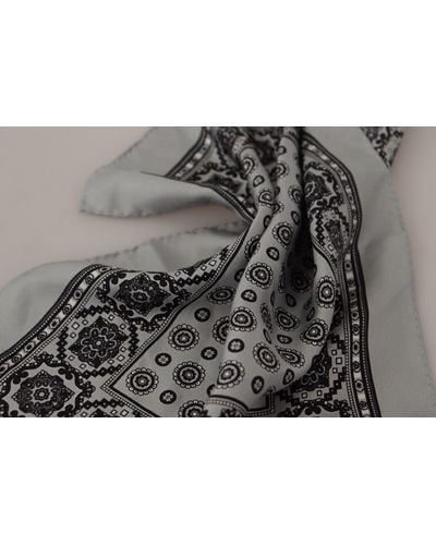 Dolce & Gabbana Gray Patterned Square Handkerchief Silk Scarf - Black