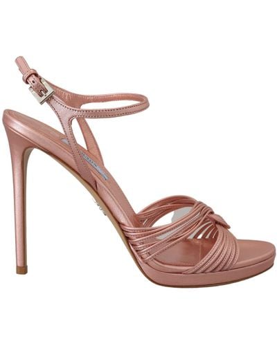 Prada Strappy Metallic Leather Platform Sandals - Pink