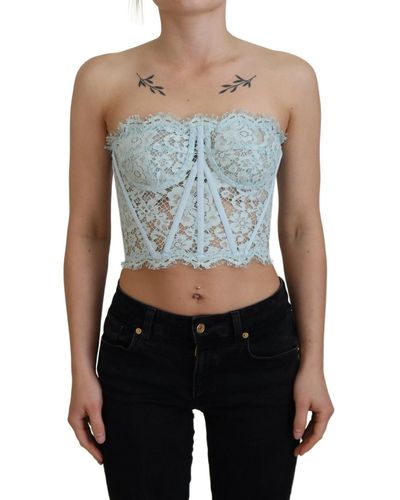 Dolce & Gabbana Elegant Lace-Trimmed Strapless Cropped Top - Blue