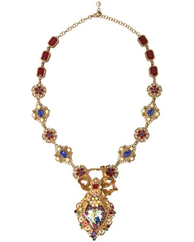 Dolce & Gabbana Brass Mama Mary Crystal Pearl Embellished Necklace - Metallic