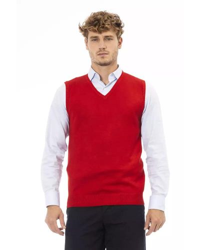 Alpha Studio Elegant V-neckline Vest Fine Rib Knit - Red