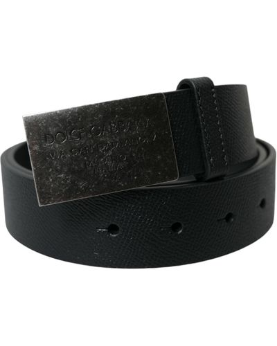 Dolce & Gabbana Leather Rectangle Metal Buckle Belt - Black